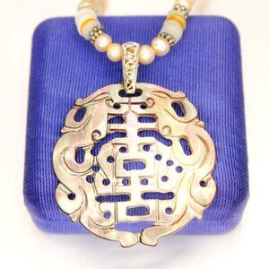 925 Sterling Silver Signed GSK Gemstone King Carved Abalone Pearl VTG Necklace